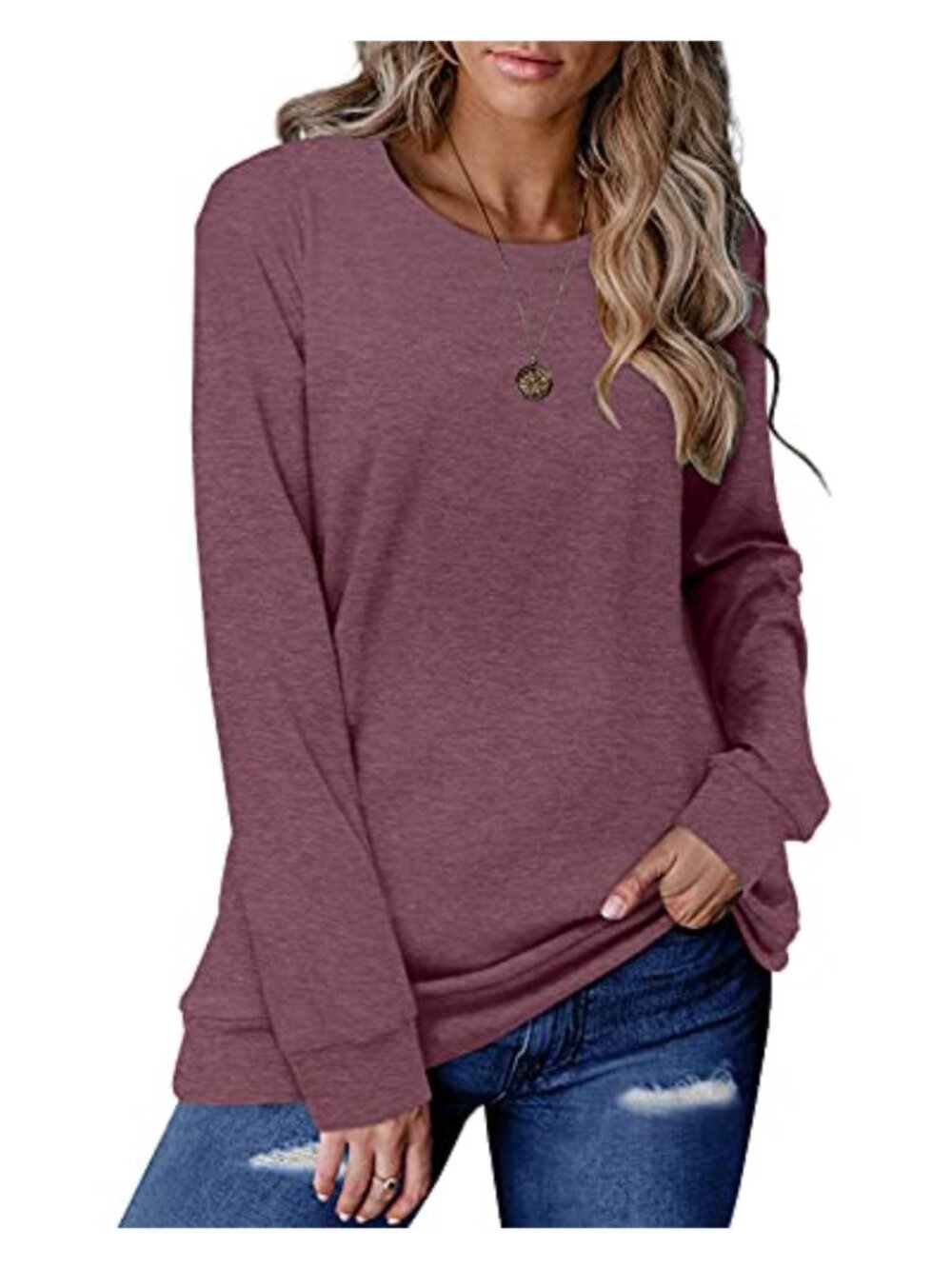 Womens Long Sleeve Crew Neck Pullover Sweater Loose Fit Tunic Top